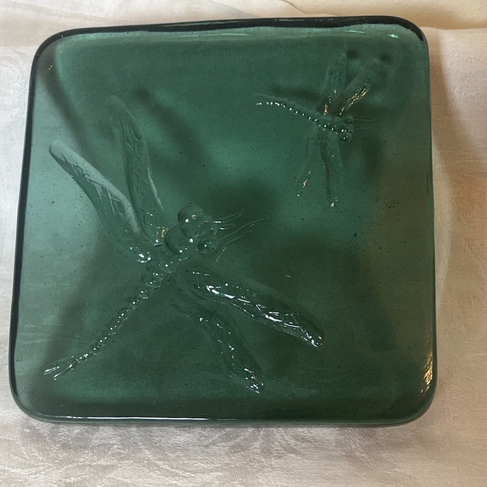 Dragonfly Green Glass Block Trivet/Tile Paperweight Embossed Round Edges  4.5"